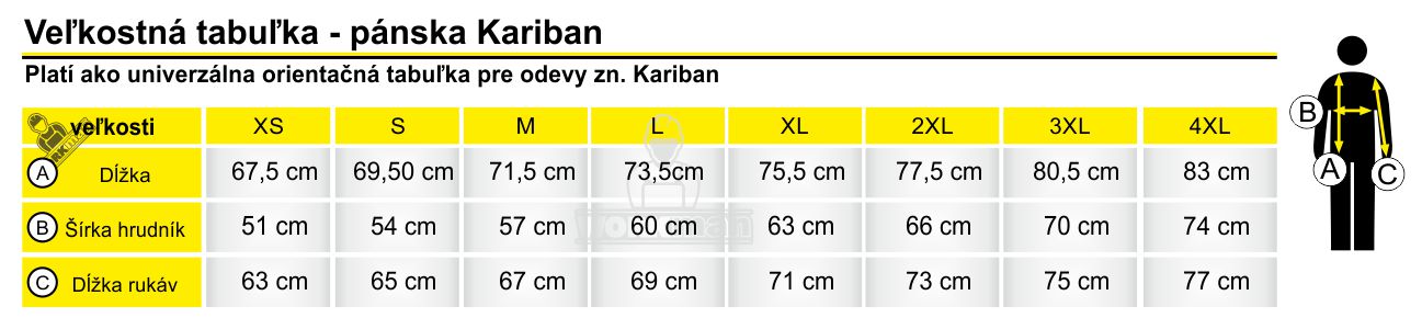 Veľkostná tabuľka - pánska Kariban
