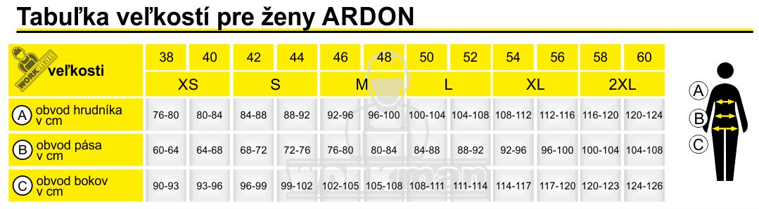 Tabuľka veľkostí pre ženy ARDON