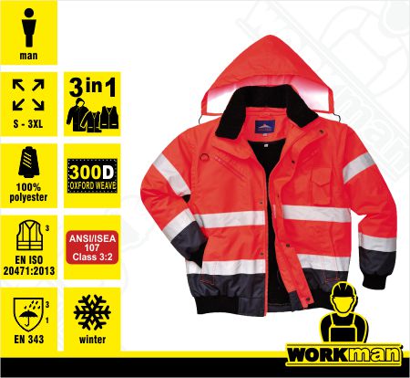 Zateplená reflexná bunda Hi-vis CONTRAST BOMBER RED C465 Portwest